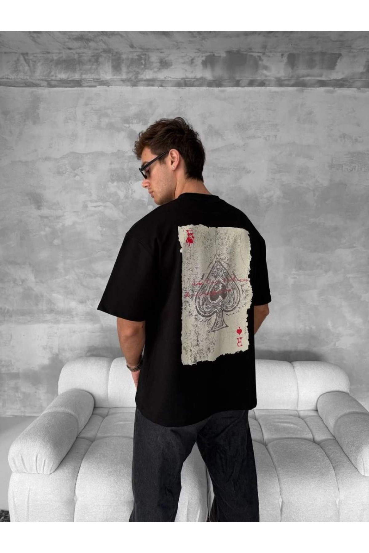 ERKEK Tişört Kısa Kol Ön ve Arka Baskılı Oversize Bisiklet Yaka T-shirt - Siyah