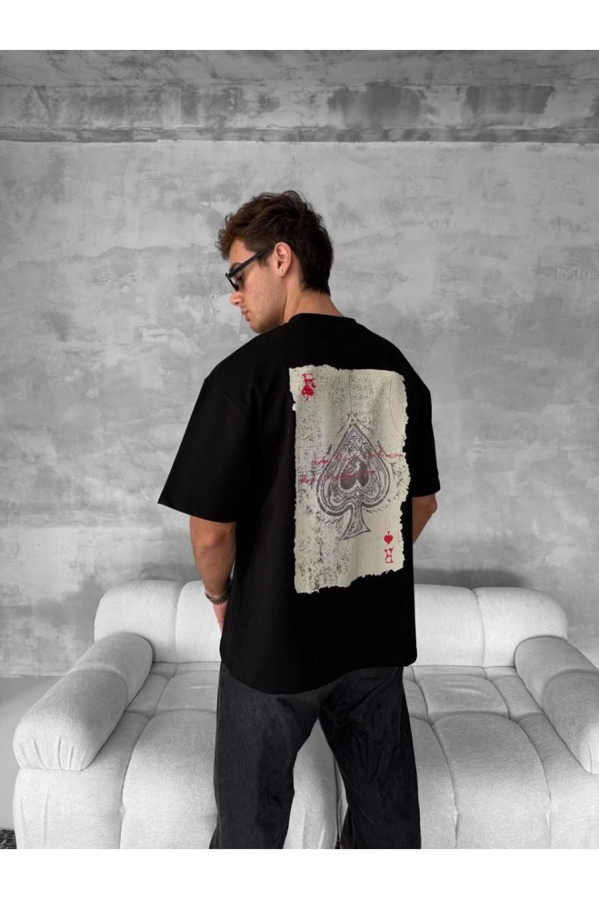 ERKEK Tişört Kısa Kol Ön ve Arka Baskılı Oversize Bisiklet Yaka T-shirt - Siyah