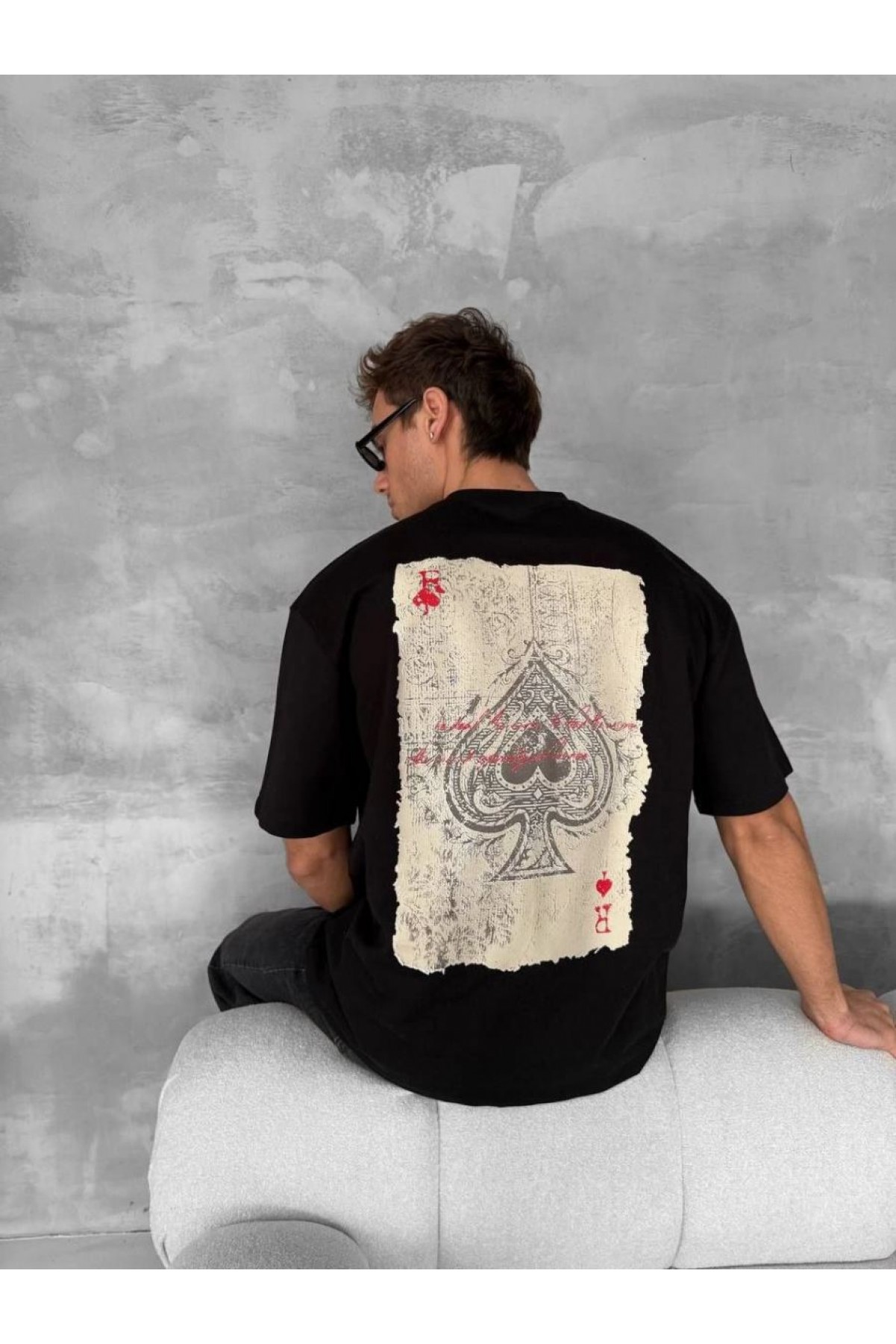 ERKEK Tişört Kısa Kol Ön ve Arka Baskılı Oversize Bisiklet Yaka T-shirt - Siyah