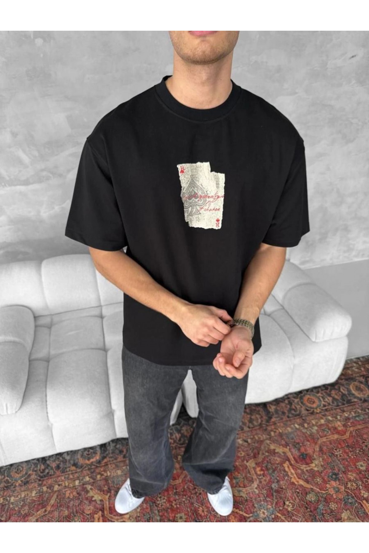 ERKEK Tişört Kısa Kol Ön ve Arka Baskılı Oversize Bisiklet Yaka T-shirt - Siyah