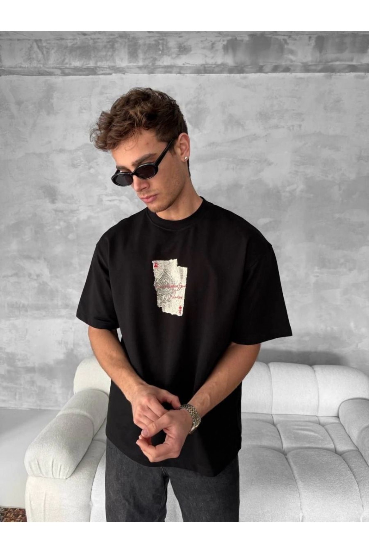 ERKEK Tişört Kısa Kol Ön ve Arka Baskılı Oversize Bisiklet Yaka T-shirt - Siyah