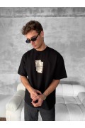 ERKEK Tişört Kısa Kol Ön ve Arka Baskılı Oversize Bisiklet Yaka T-shirt - Siyah
