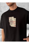 ERKEK Tişört Kısa Kol Ön ve Arka Baskılı Oversize Bisiklet Yaka T-shirt - Siyah