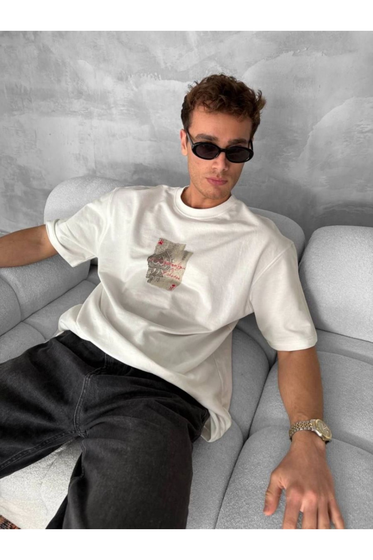 ERKEK Tişört Kısa kol Ön ve Arka Baskılı Oversize Bisiklet Yaka T-Shirt - Beyaz
