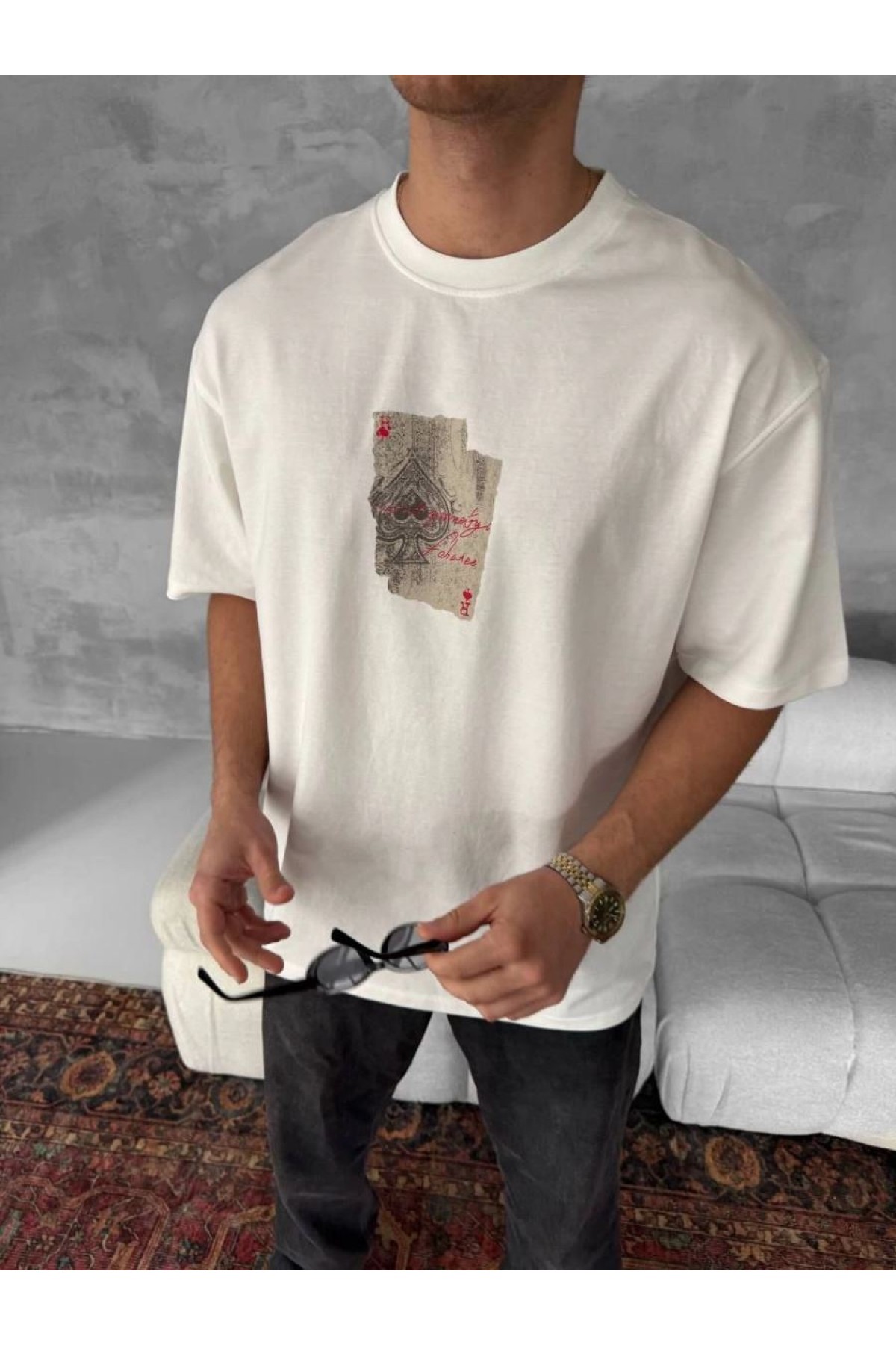 ERKEK Tişört Kısa kol Ön ve Arka Baskılı Oversize Bisiklet Yaka T-Shirt - Beyaz