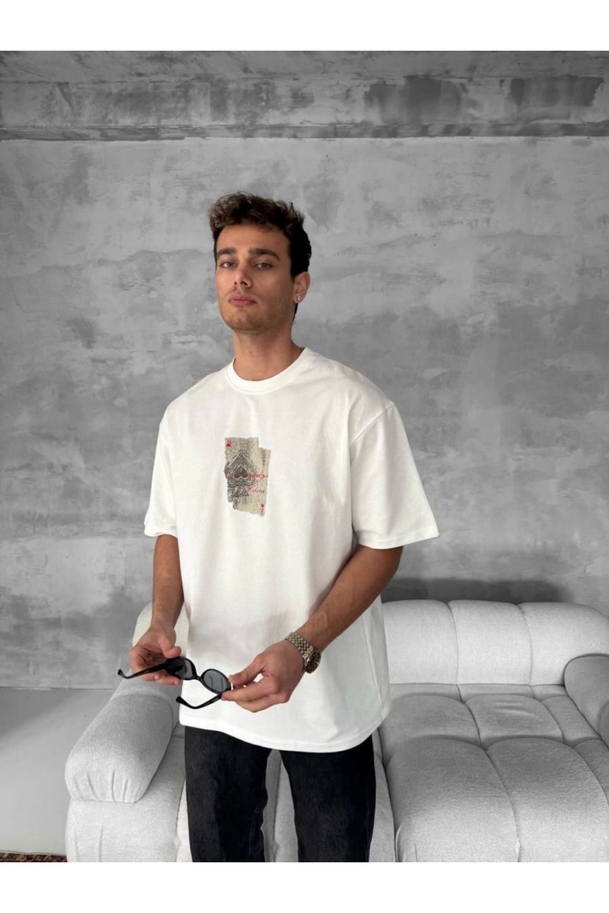 ERKEK Tişört Kısa kol Ön ve Arka Baskılı Oversize Bisiklet Yaka T-Shirt - Beyaz