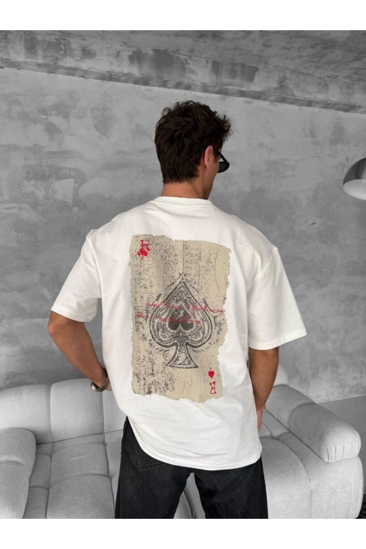 ERKEK Tişört Kısa kol Ön ve Arka Baskılı Oversize Bisiklet Yaka T-Shirt - Beyaz