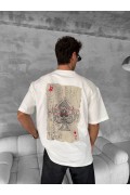 ERKEK Tişört Kısa kol Ön ve Arka Baskılı Oversize Bisiklet Yaka T-Shirt - Beyaz
