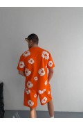Erkek İki İplik Kumaş Oversize Baskılı T-shirt Şortlu ikili Alt-Üst Takım- Turuncu
