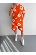 Erkek İki İplik Kumaş Oversize Baskılı T-shirt Şortlu ikili Alt-Üst Takım- Turuncu