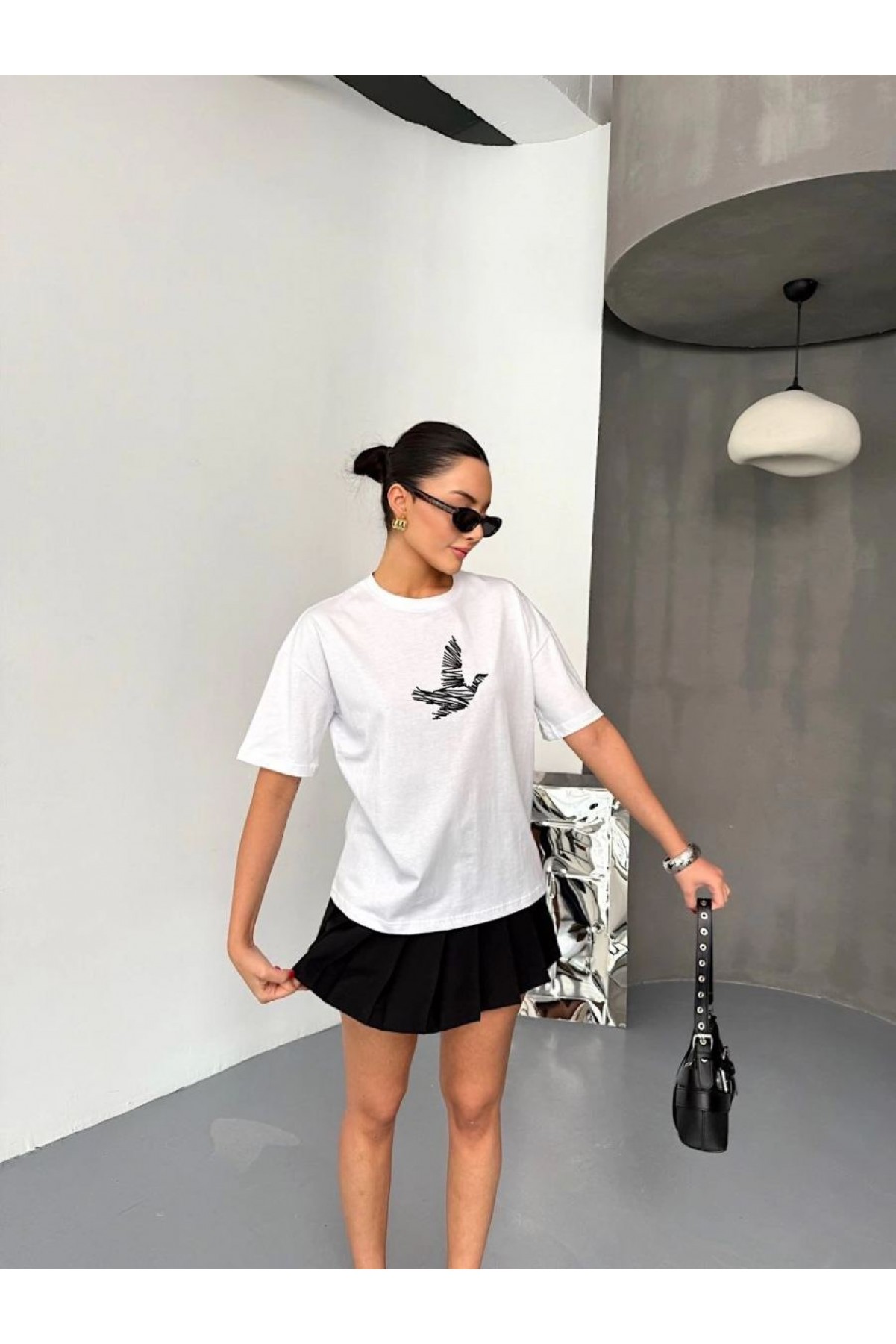 KADIN Baskılı T-Shirt Kısa Kol Bisiklet Yaka Regular Fit Yazlık Tişört - Beyaz