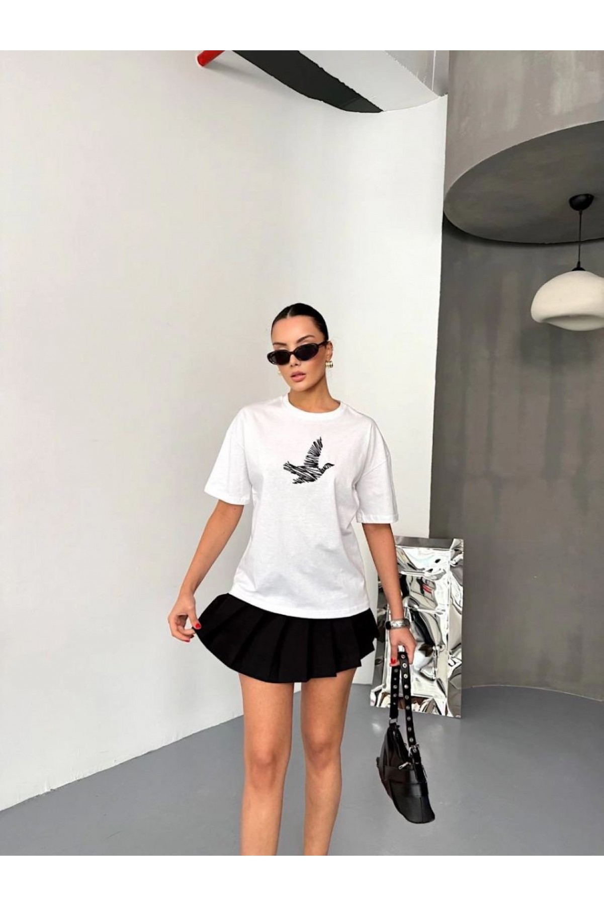 KADIN Baskılı T-Shirt Kısa Kol Bisiklet Yaka Regular Fit Yazlık Tişört - Beyaz