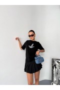 Kadın Kısa Kol Yazlık Tişört Bisiklet Yaka Baskılı Oversize T-Shirt - Siyah