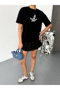 Kadın Kısa Kol Yazlık Tişört Bisiklet Yaka Baskılı Oversize T-Shirt - Siyah