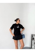 Kadın Kısa Kol Yazlık Tişört Bisiklet Yaka Baskılı Oversize T-Shirt - Siyah