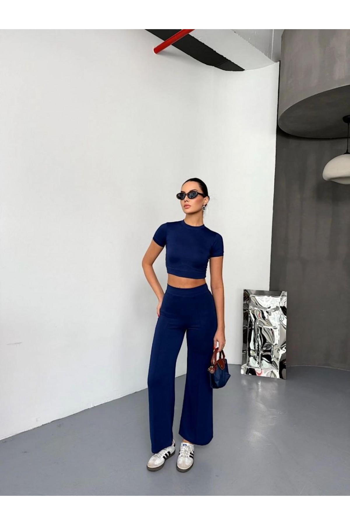Kadın Osy Modal Yumuşak Kumaş Kısa Kollu Crop Alt ispanyol Paça Pantolon ikili Takım - Lacivert