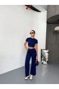 Kadın Osy Modal Yumuşak Kumaş Kısa Kollu Crop Alt ispanyol Paça Pantolon ikili Takım - Lacivert