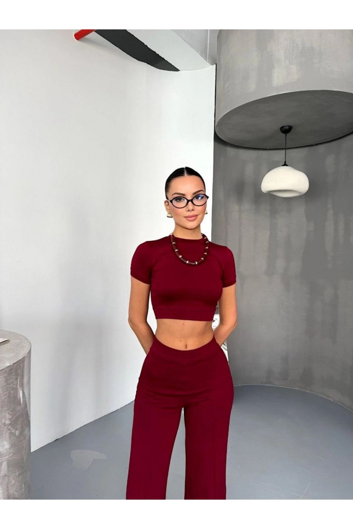 Kadın Osy Modal Yumuşak Dokulu Kumaş Kısa Kollu Crop Alt ispanyol Paça Pantolon ikili Takım - Bordo