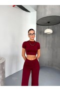 Kadın Osy Modal Yumuşak Dokulu Kumaş Kısa Kollu Crop Alt ispanyol Paça Pantolon ikili Takım - Bordo