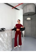 Kadın Osy Modal Yumuşak Dokulu Kumaş Kısa Kollu Crop Alt ispanyol Paça Pantolon ikili Takım - Bordo