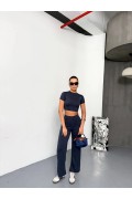 Kadın Osy Modal Yumuşak Dokulu Kumaş Kısa Kollu Crop Alt ispanyol Paça Pantolon ikili Takım - Füme
