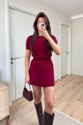 Kadın Kısa Kollu Bluz Mini Etekli ikili Takım Triko - Bordo