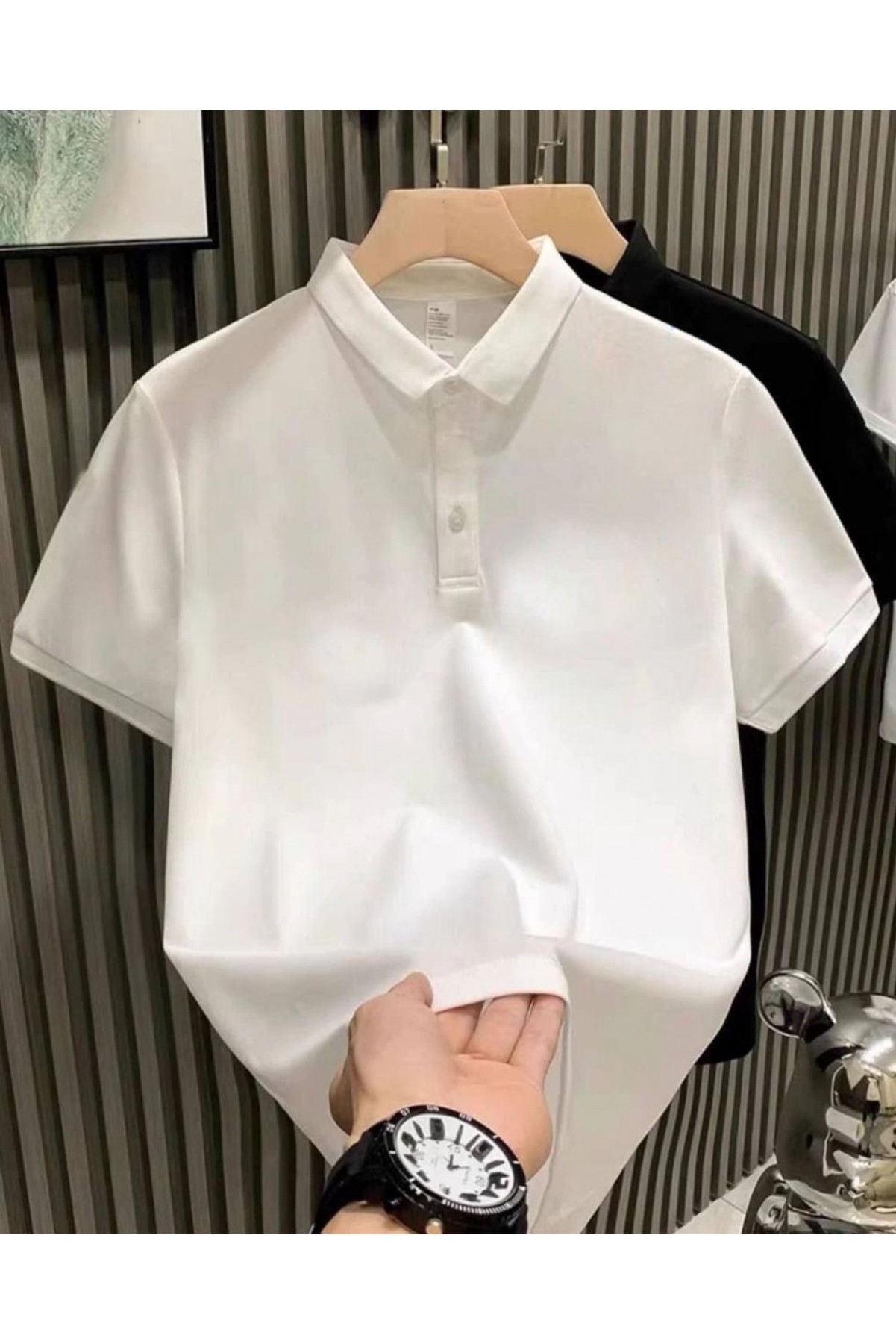 Erkek Polo Yaka Pike Kumaş Yazlık Tişört Düğmeli Düz kısa kol T-Shirt - Beyaz