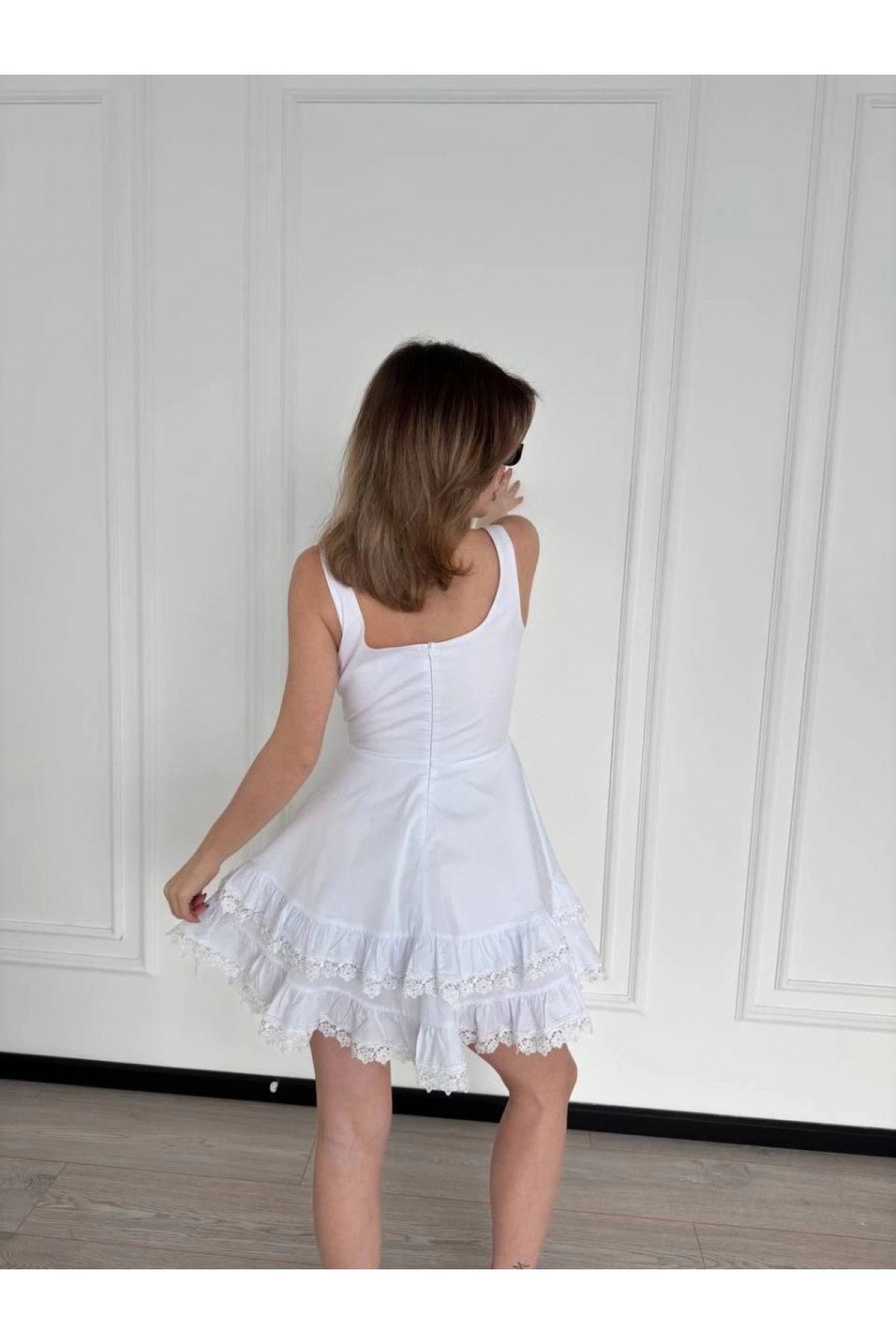 Fırfırlı Askılı Mini Elbise - Beyaz