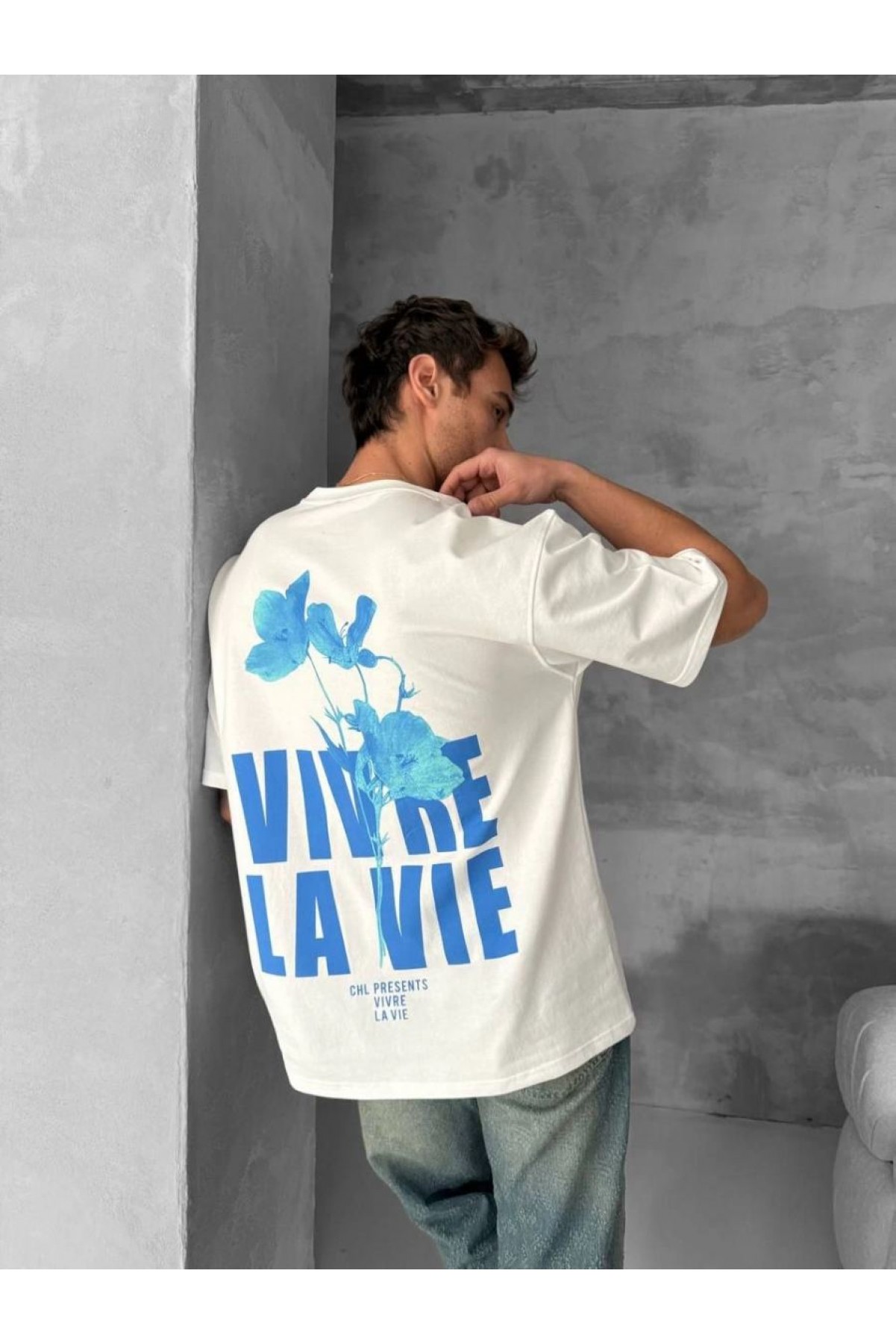 Erkek Ön ve Arka Baskılı T-Shirt Kısa Kol Bisiklet Yaka Regular Fit Tişört - Beyaz