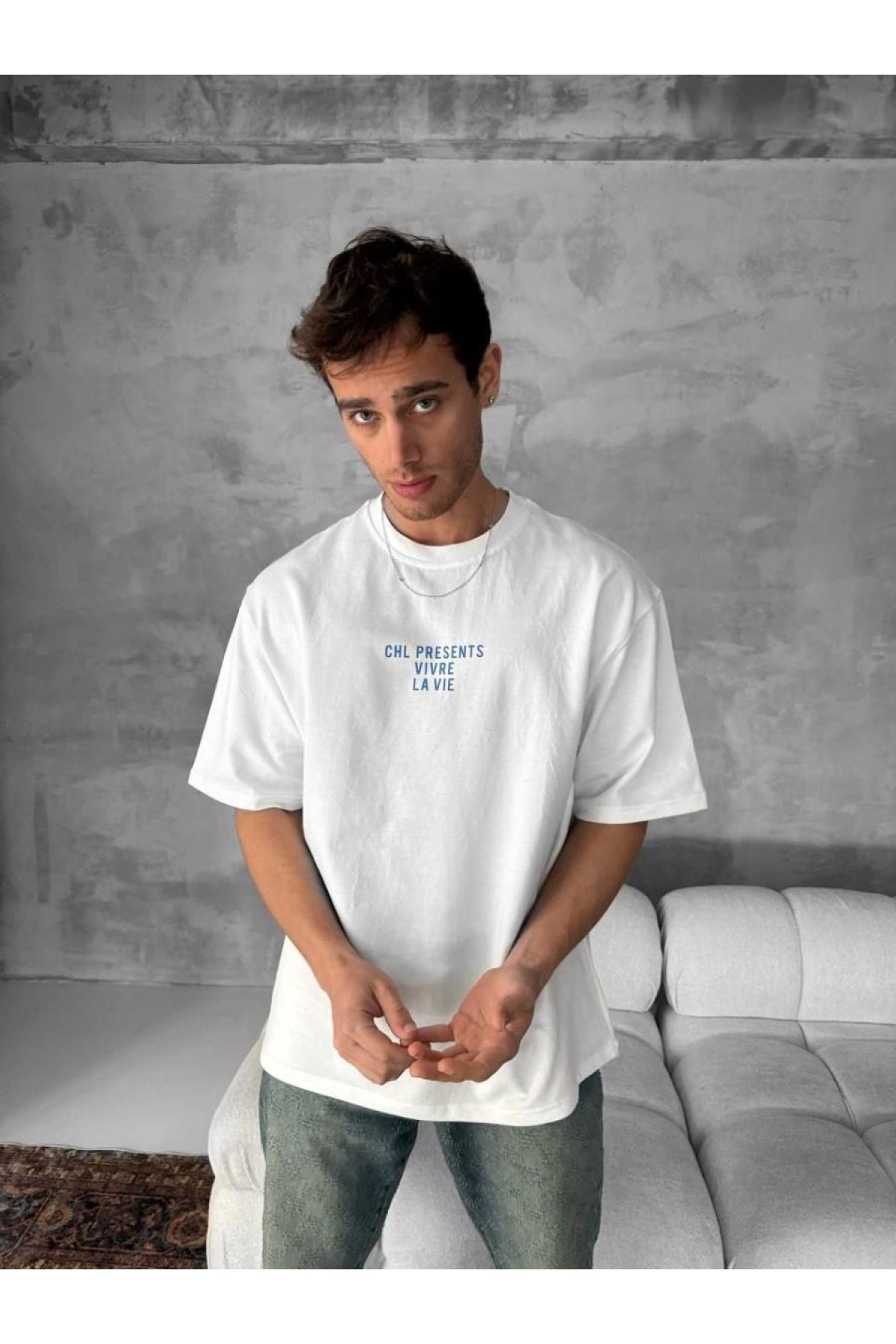 Erkek Ön ve Arka Baskılı T-Shirt Kısa Kol Bisiklet Yaka Regular Fit Tişört - Beyaz