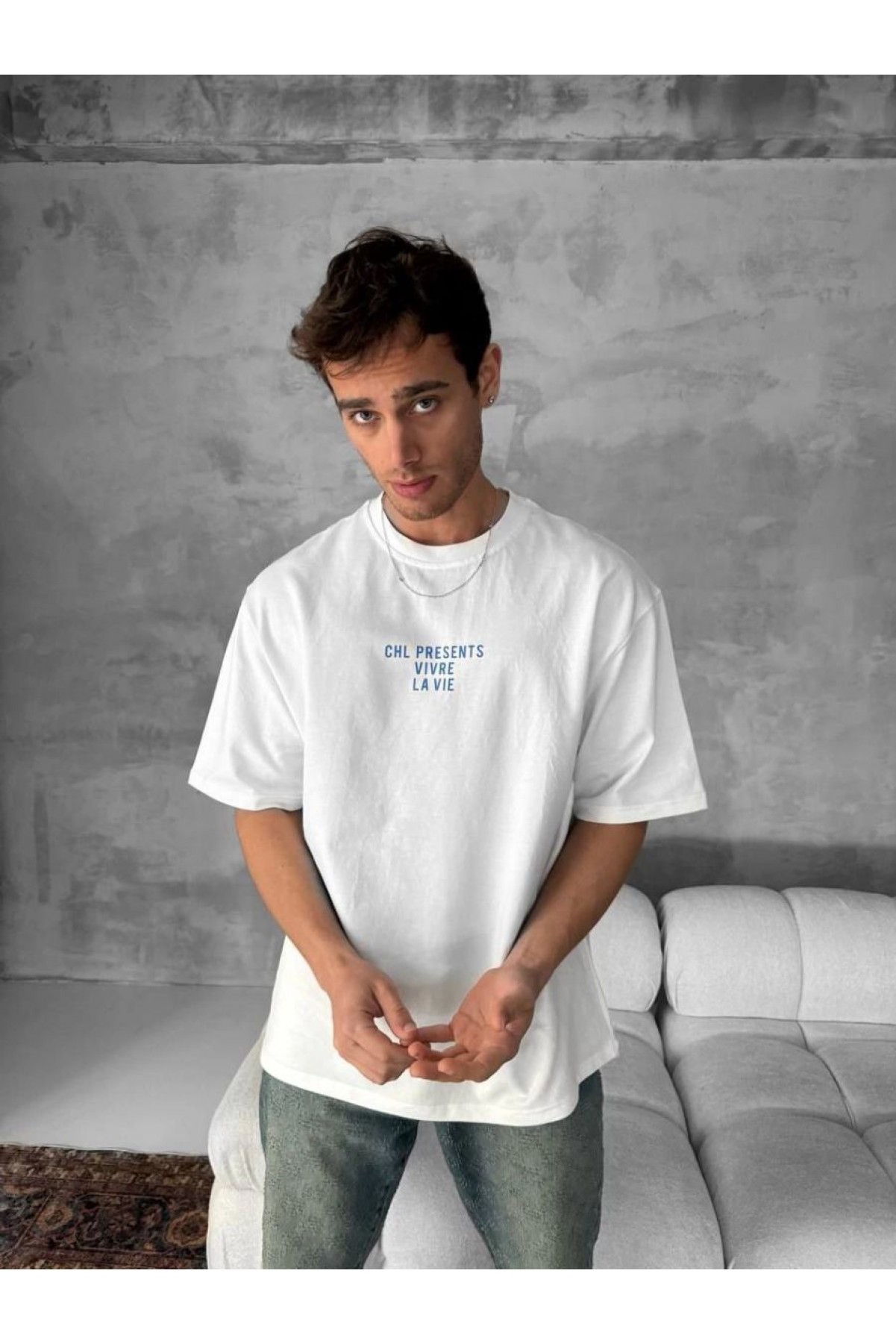 Erkek Ön ve Arka Baskılı T-Shirt Kısa Kol Bisiklet Yaka Regular Fit Tişört - Beyaz