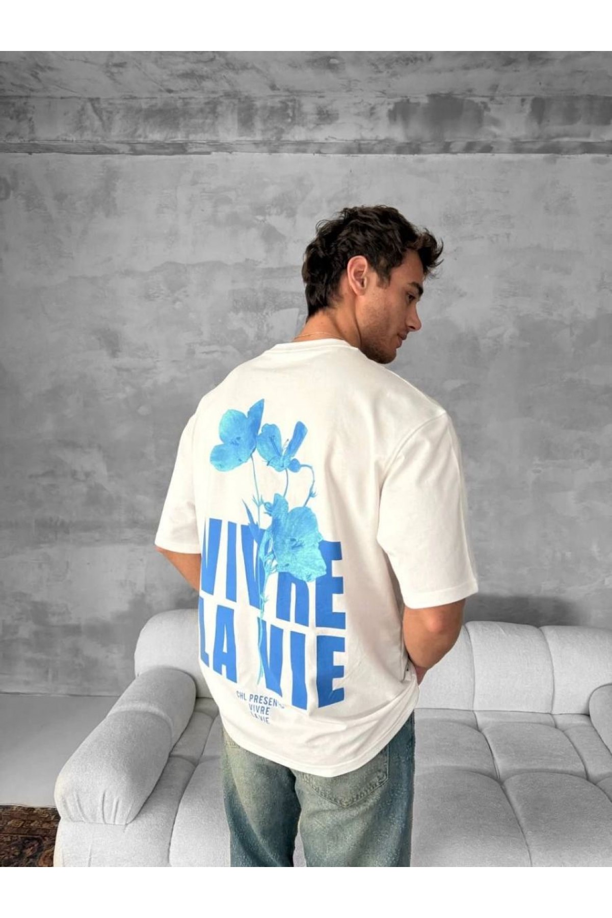 Erkek Ön ve Arka Baskılı T-Shirt Kısa Kol Bisiklet Yaka Regular Fit Tişört - Beyaz