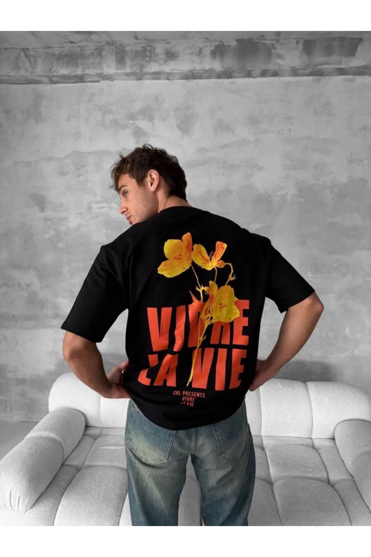 Erkek Ön ve Arka Baskılı T-Shirt Kısa Kol Bisiklet Yaka Regular Fit Tişört - Siyah