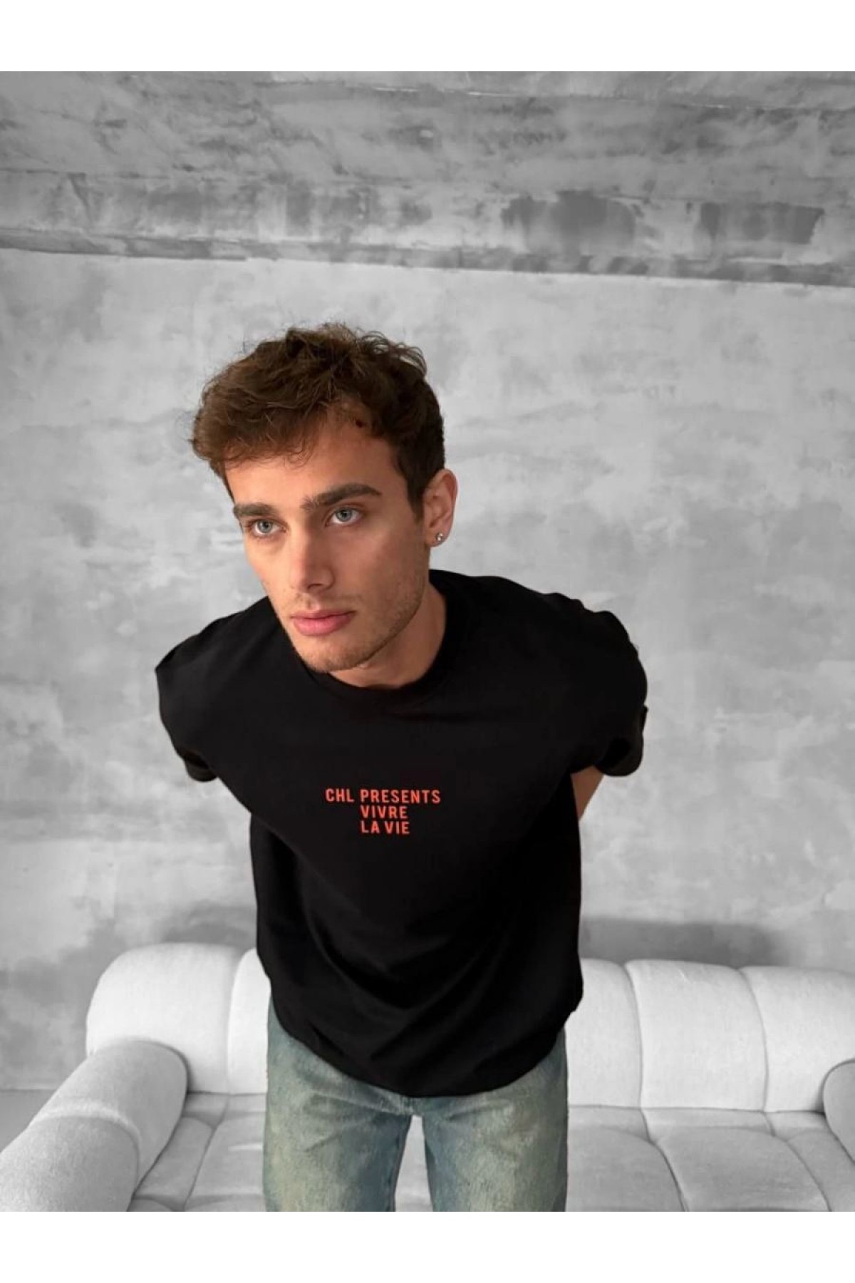 Erkek Ön ve Arka Baskılı T-Shirt Kısa Kol Bisiklet Yaka Regular Fit Tişört - Siyah