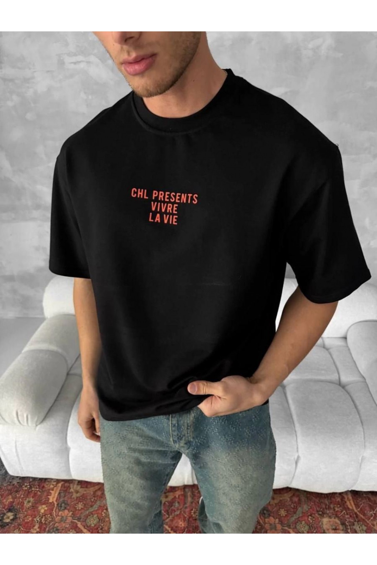 Erkek Ön ve Arka Baskılı T-Shirt Kısa Kol Bisiklet Yaka Regular Fit Tişört - Siyah