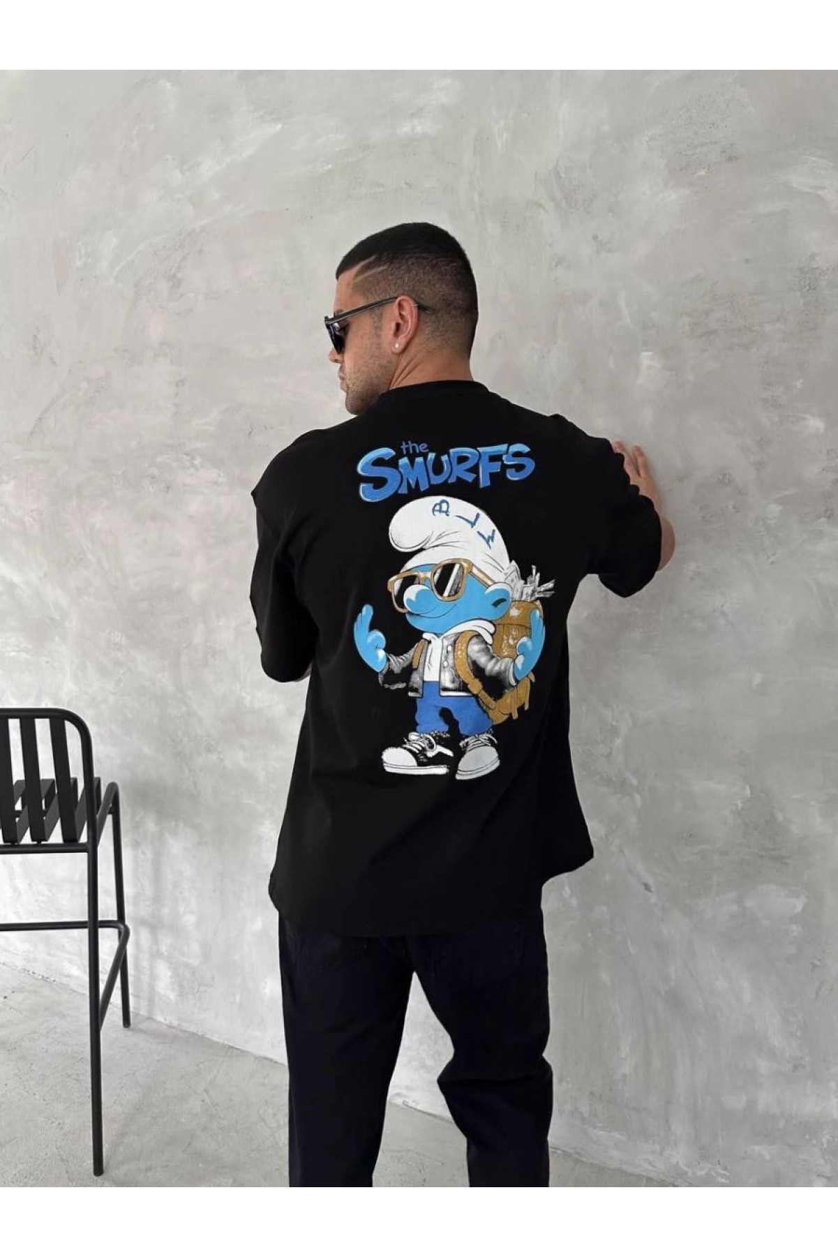 Erkek Ön ve Arka Baskılı T-Shirt Kısa Kol Bisiklet Yaka Regular Fit Tişört - Siyah