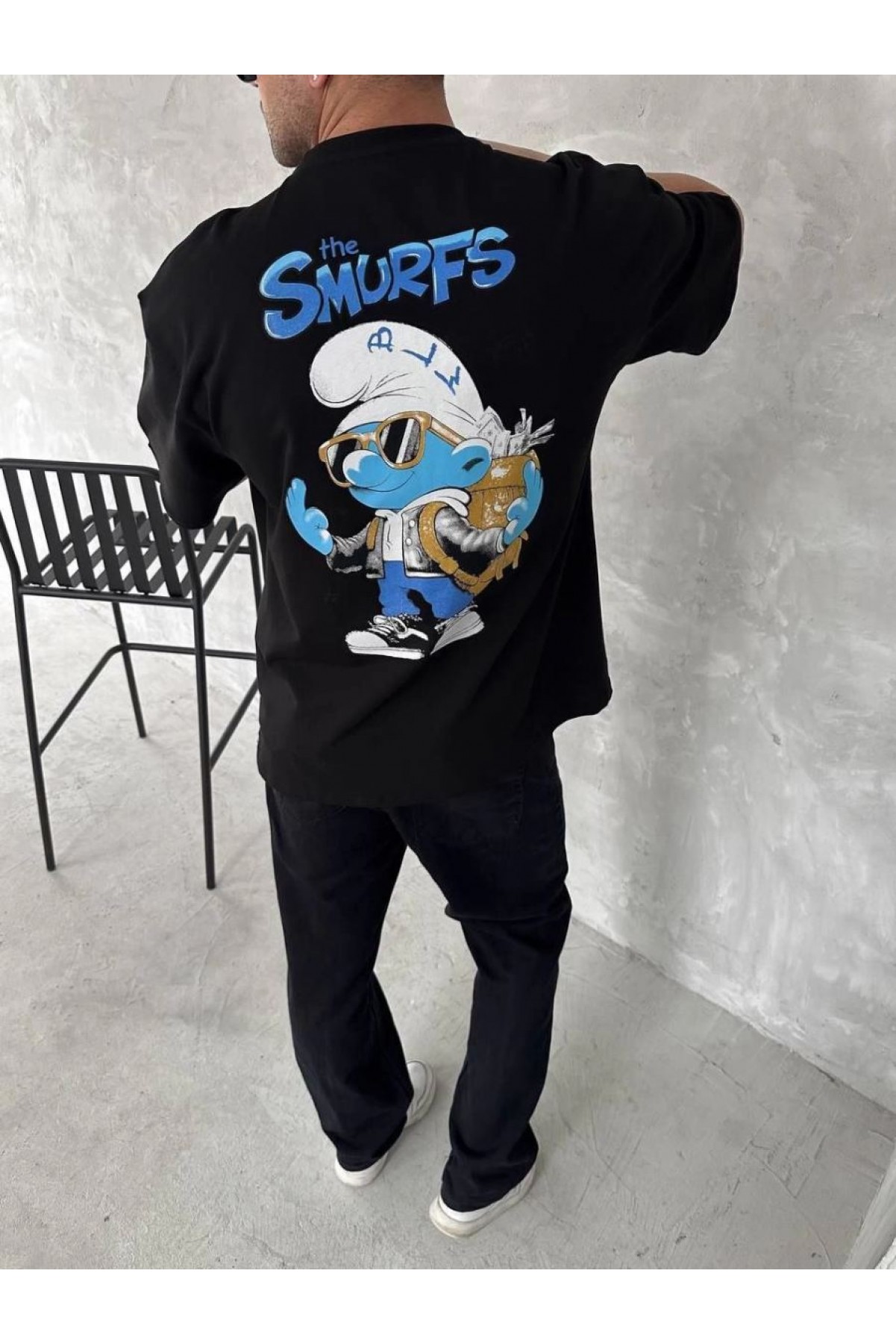 Erkek Ön ve Arka Baskılı T-Shirt Kısa Kol Bisiklet Yaka Regular Fit Tişört - Siyah