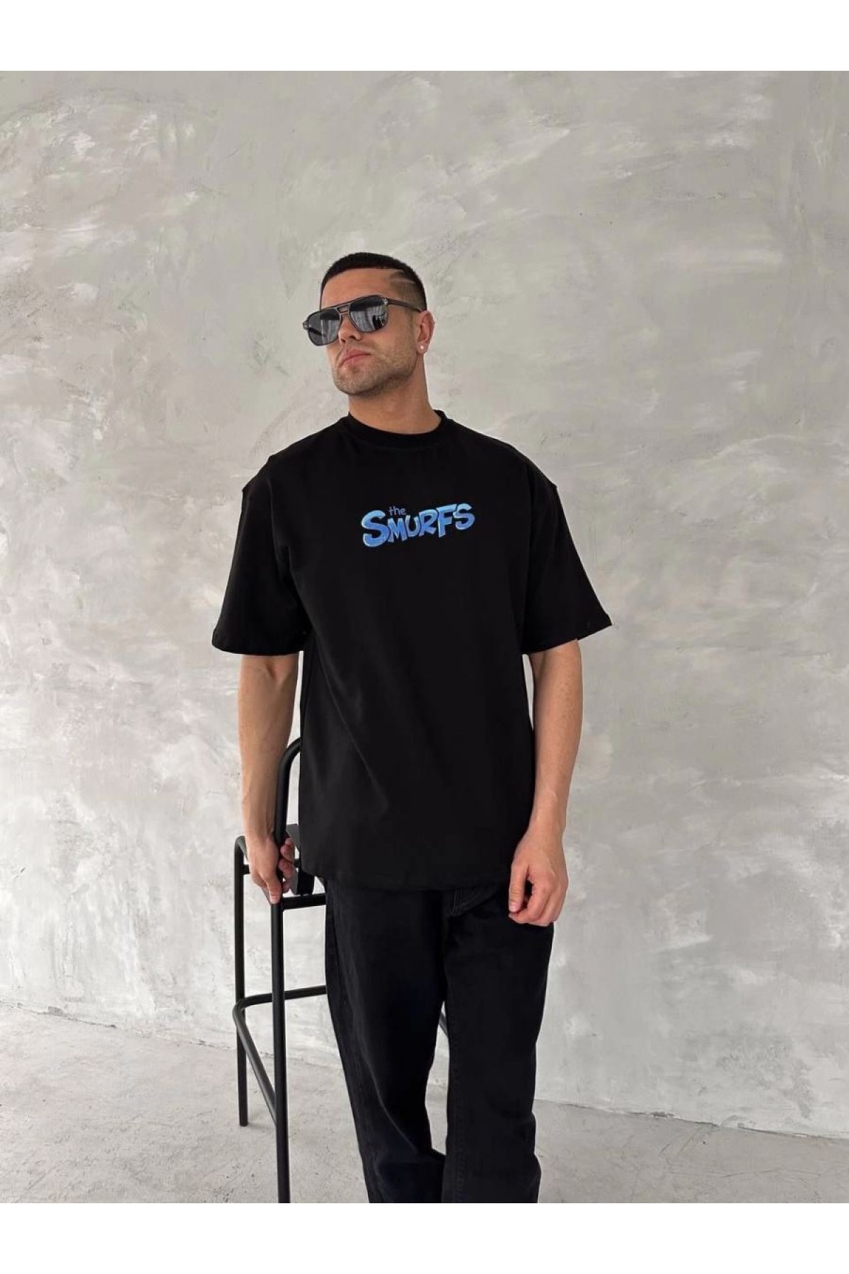 Erkek Ön ve Arka Baskılı T-Shirt Kısa Kol Bisiklet Yaka Regular Fit Tişört - Siyah