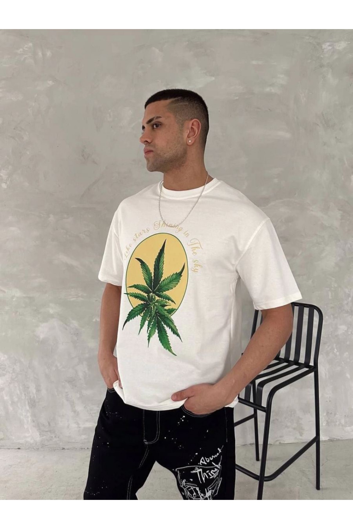 Erkek Kısa Kol Yazlık Tişört Bisiklet Yaka Baskılı Oversize T-Shirt - Beyaz