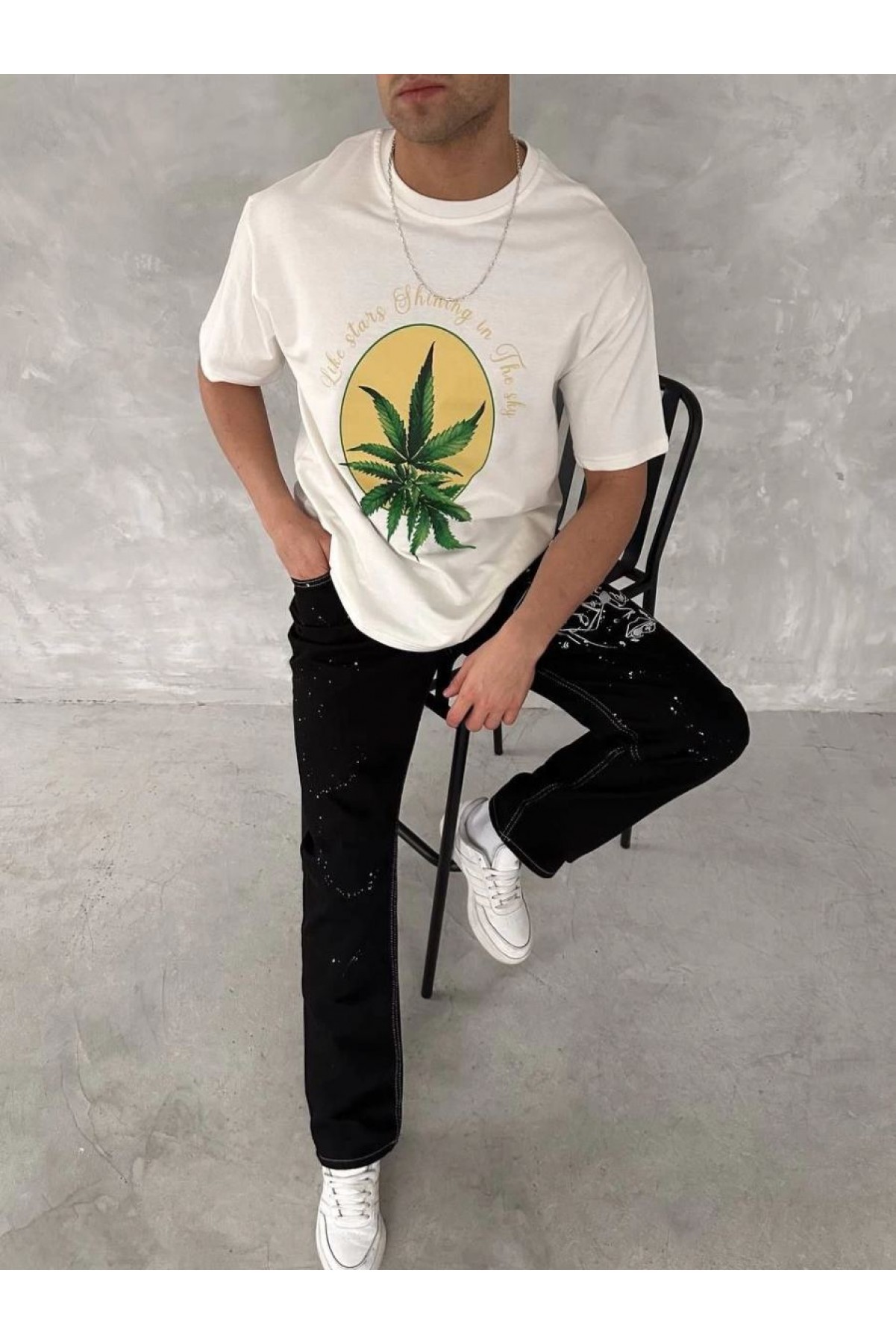 Erkek Kısa Kol Yazlık Tişört Bisiklet Yaka Baskılı Oversize T-Shirt - Beyaz