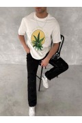 Erkek Kısa Kol Yazlık Tişört Bisiklet Yaka Baskılı Oversize T-Shirt - Beyaz