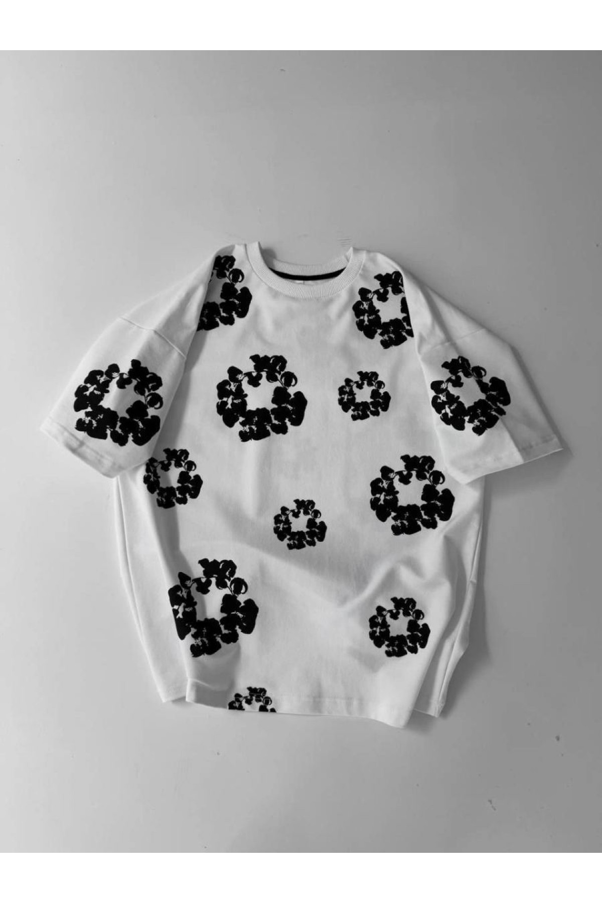 Erkek Tişört Ön ve Arka Baskılı Oversize Bisiklet Yaka T-shirt- Beyaz