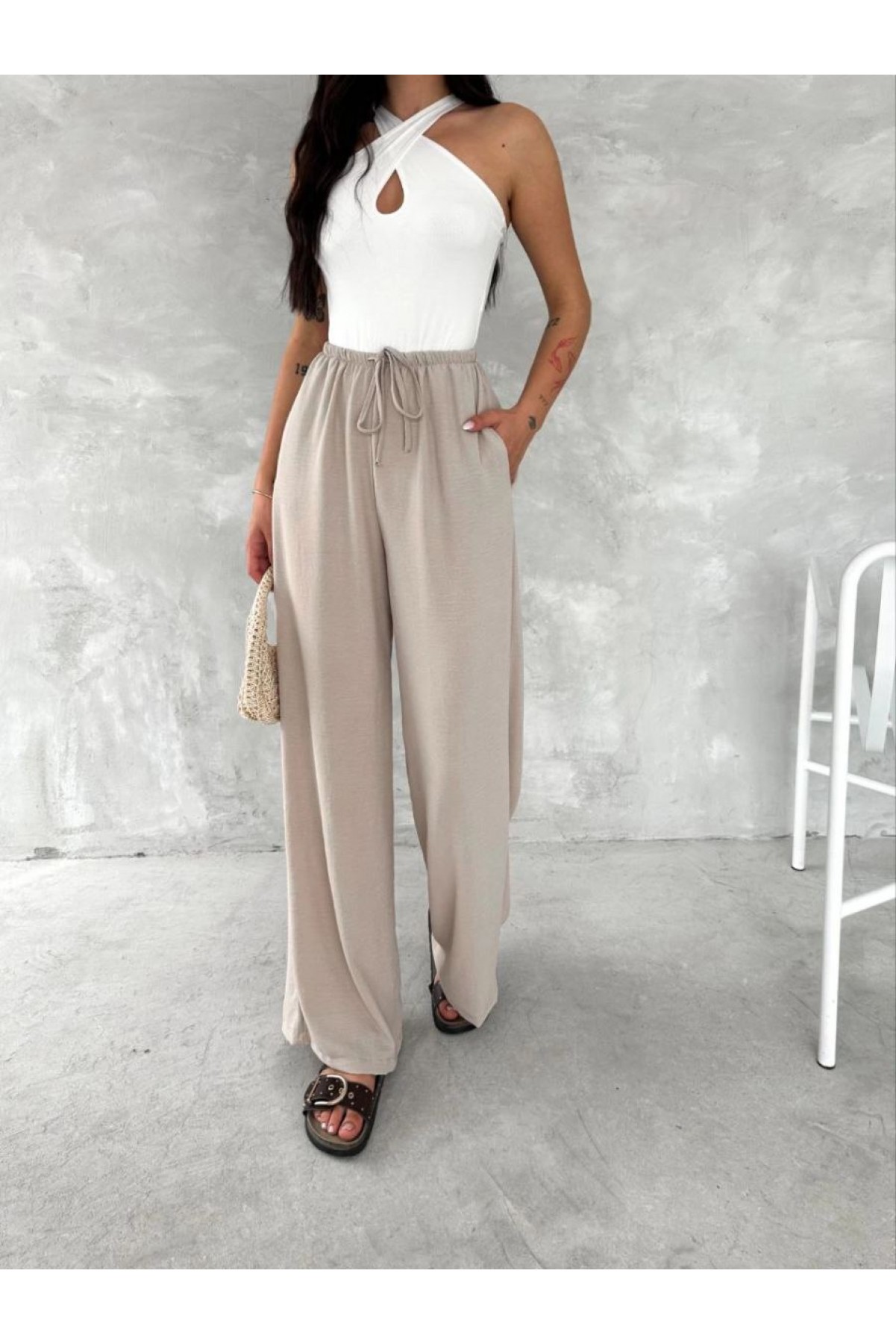 Kadın Ayrobin Oversize Kadın Pantalon - Bej