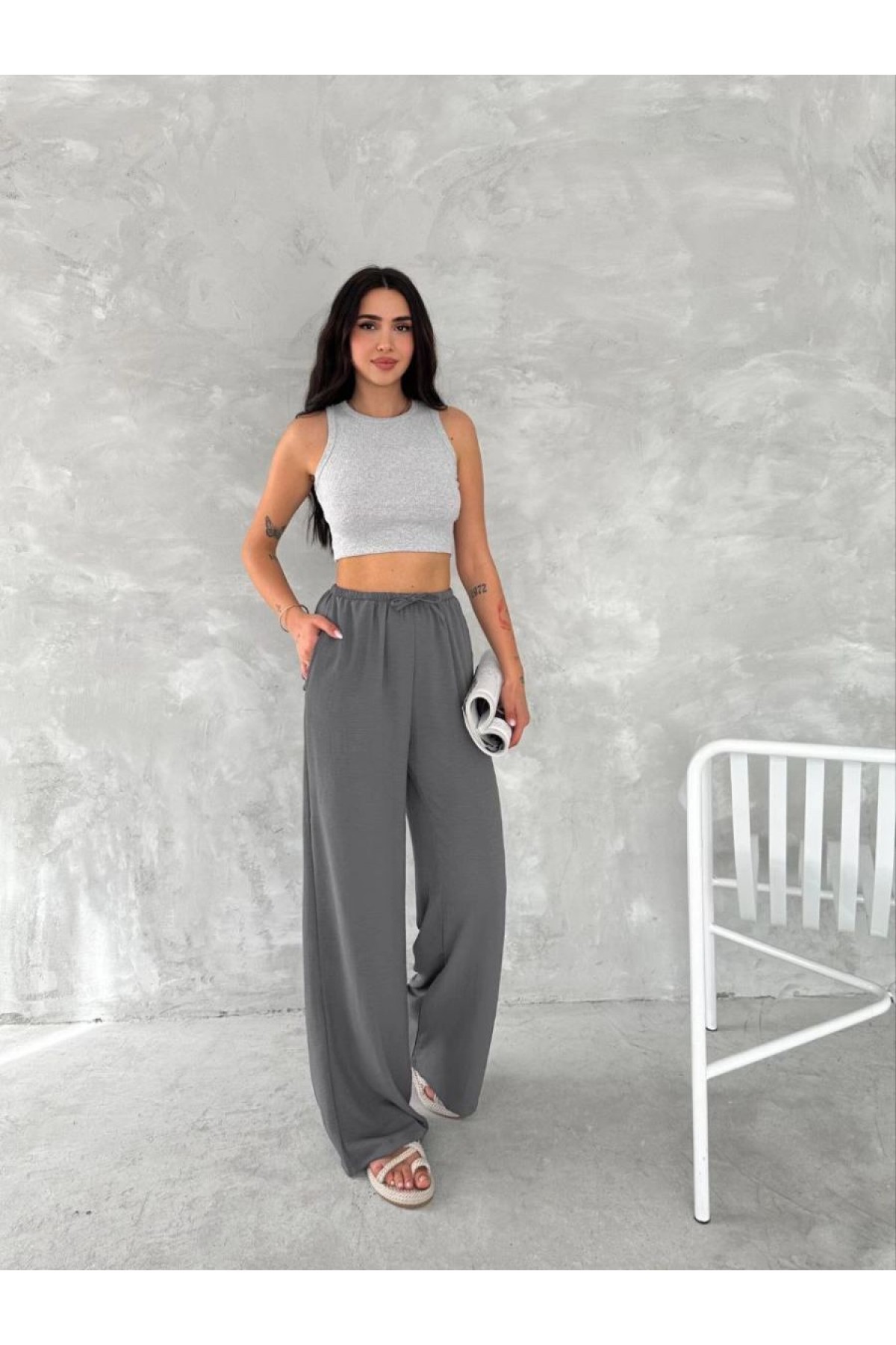 Kadın Ayrobin Oversize Kadın Pantolon - Füme