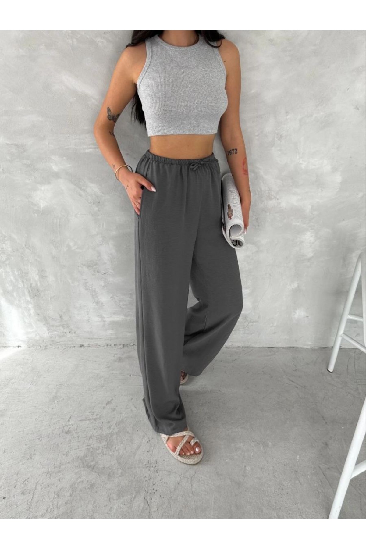 Kadın Ayrobin Oversize Kadın Pantolon - Füme
