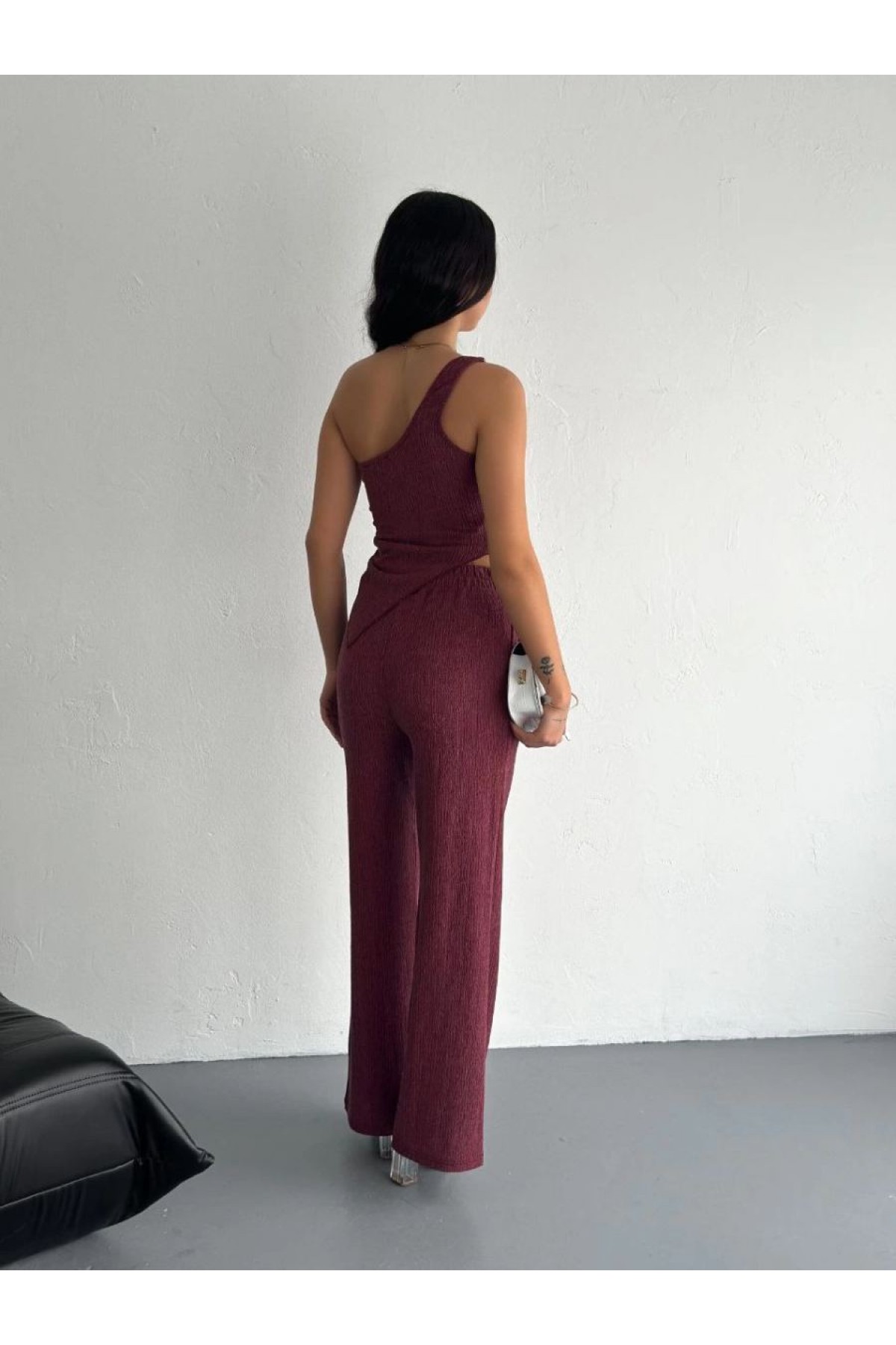 Asimetrik Crop Pantalon ikili Takım - Gül Kurusu