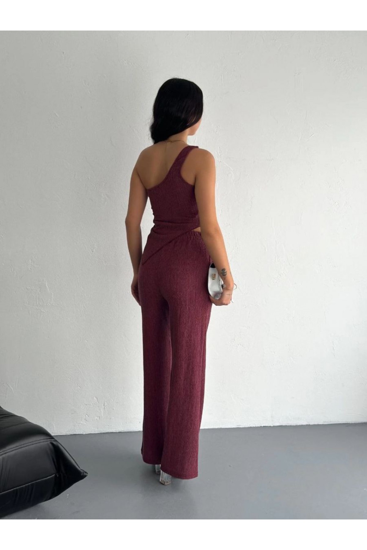 Asimetrik Crop Pantalon ikili Takım - Gül Kurusu