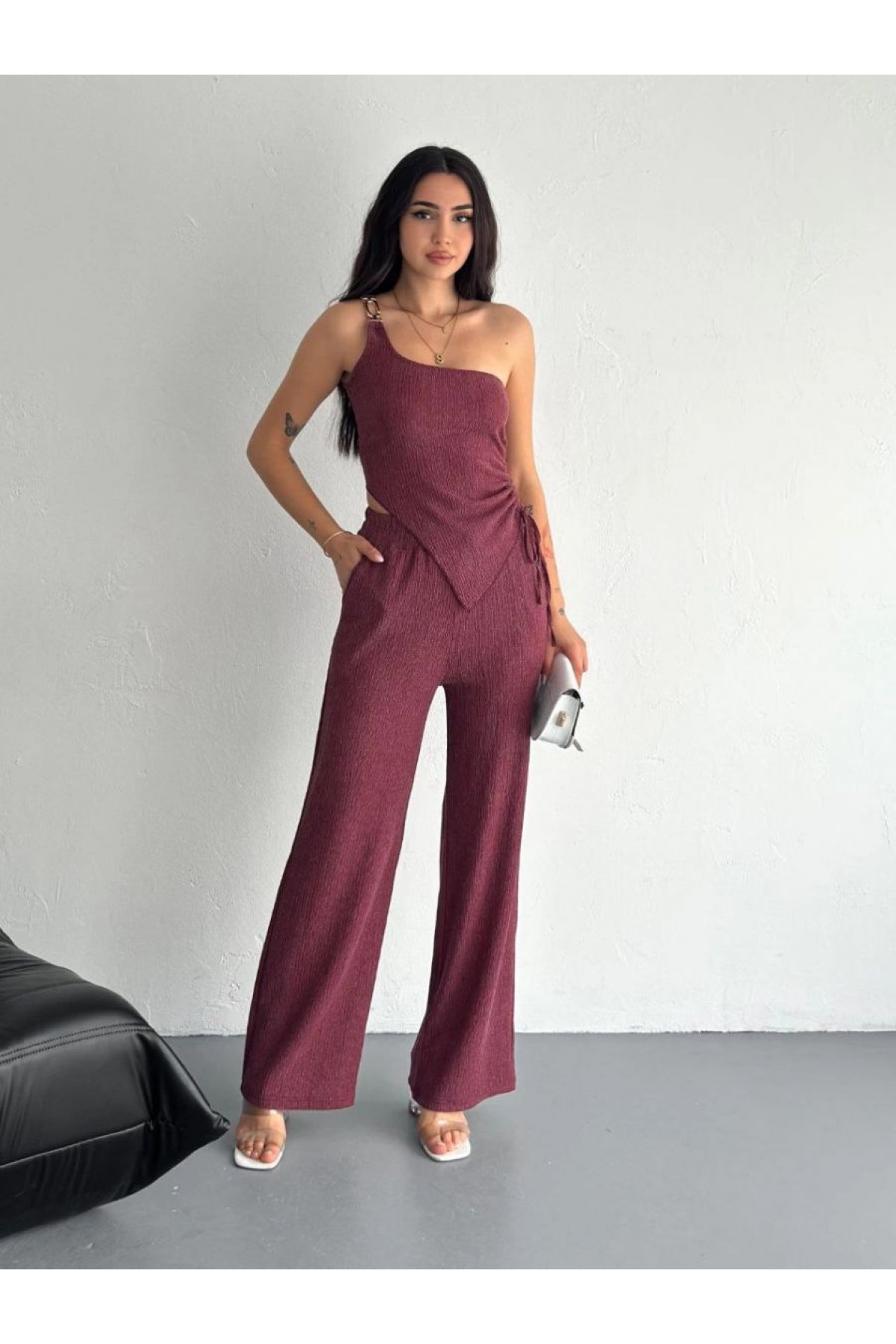 Asimetrik Crop Pantalon ikili Takım - Gül Kurusu