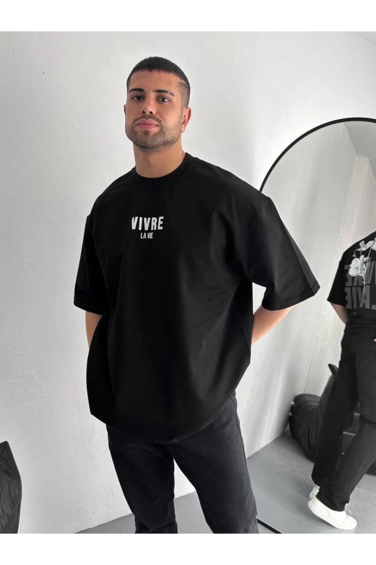 Erkek Ön ve Arka Baskılı T-Shirt Kısa Kol Bisiklet Yaka Regular Fit Tişört -  Siyah
