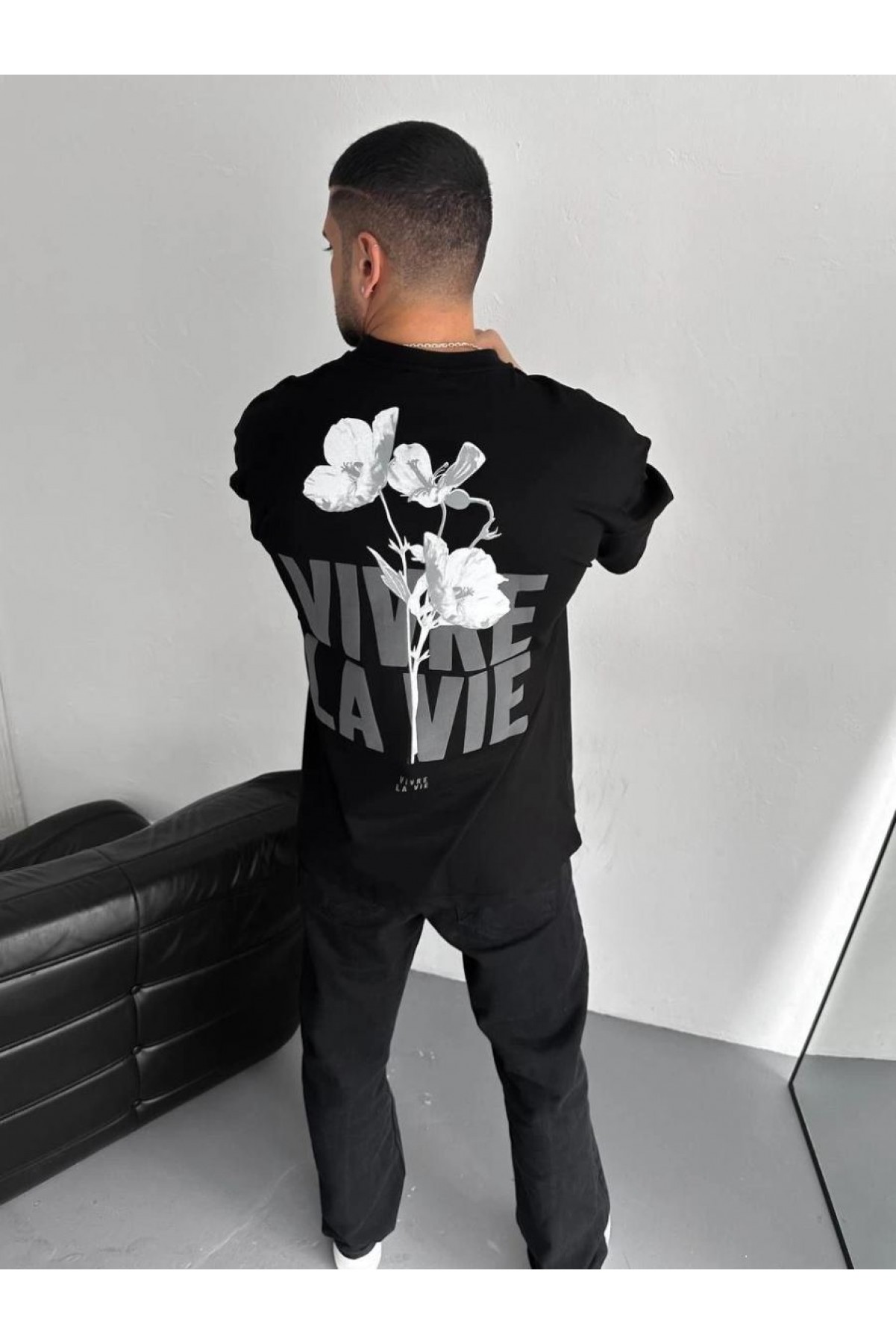 Erkek Ön ve Arka Baskılı T-Shirt Kısa Kol Bisiklet Yaka Regular Fit Tişört -  Siyah